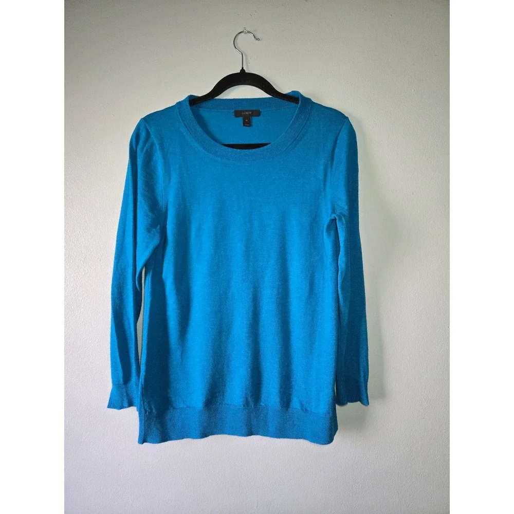 J.Crew‎ 100% Merino Wool Sweater Medium Blue Lightweight Crewneck Preppy Capsule